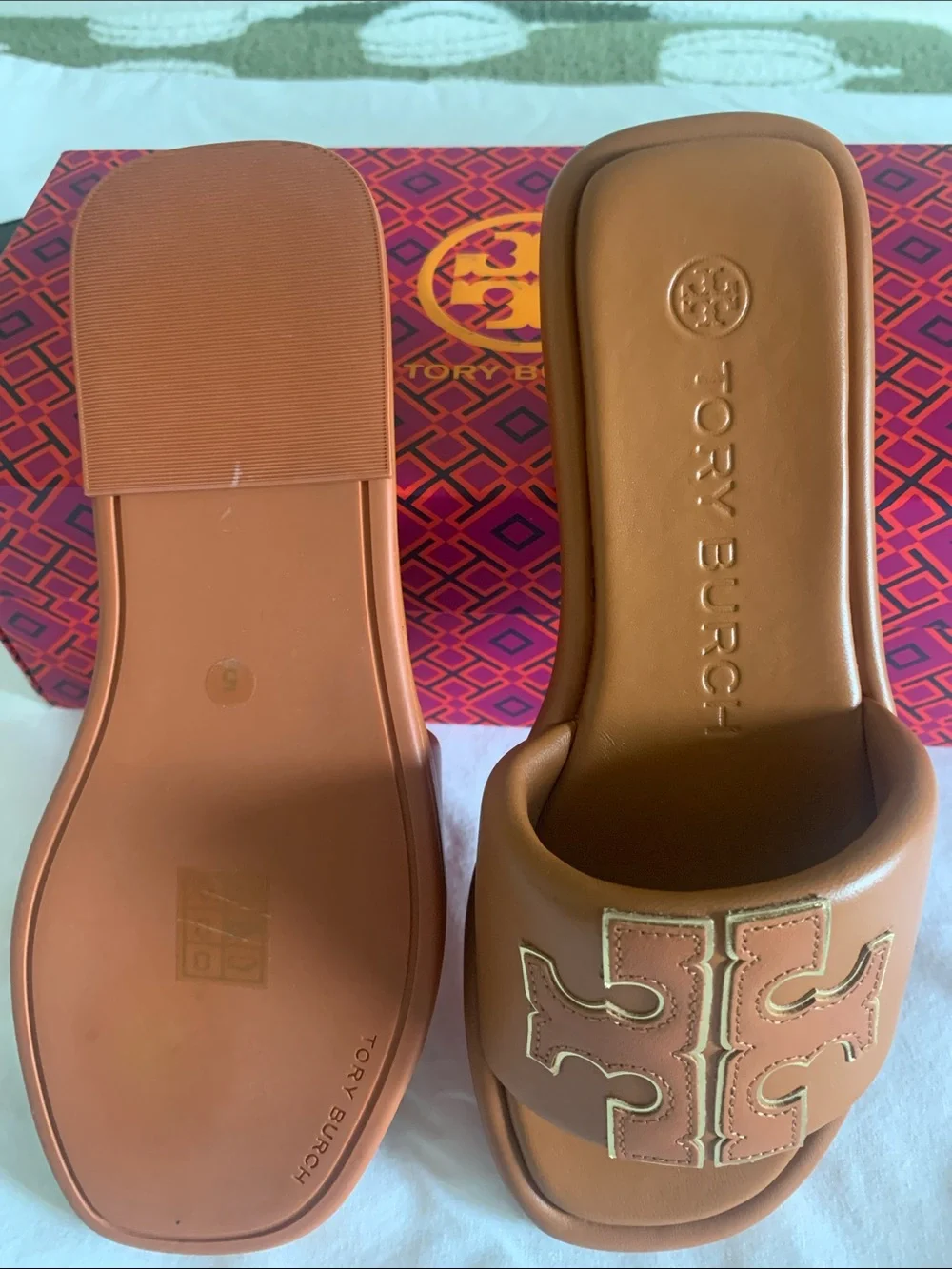 Tory Burch Tan Leather Logo Slide Sandals